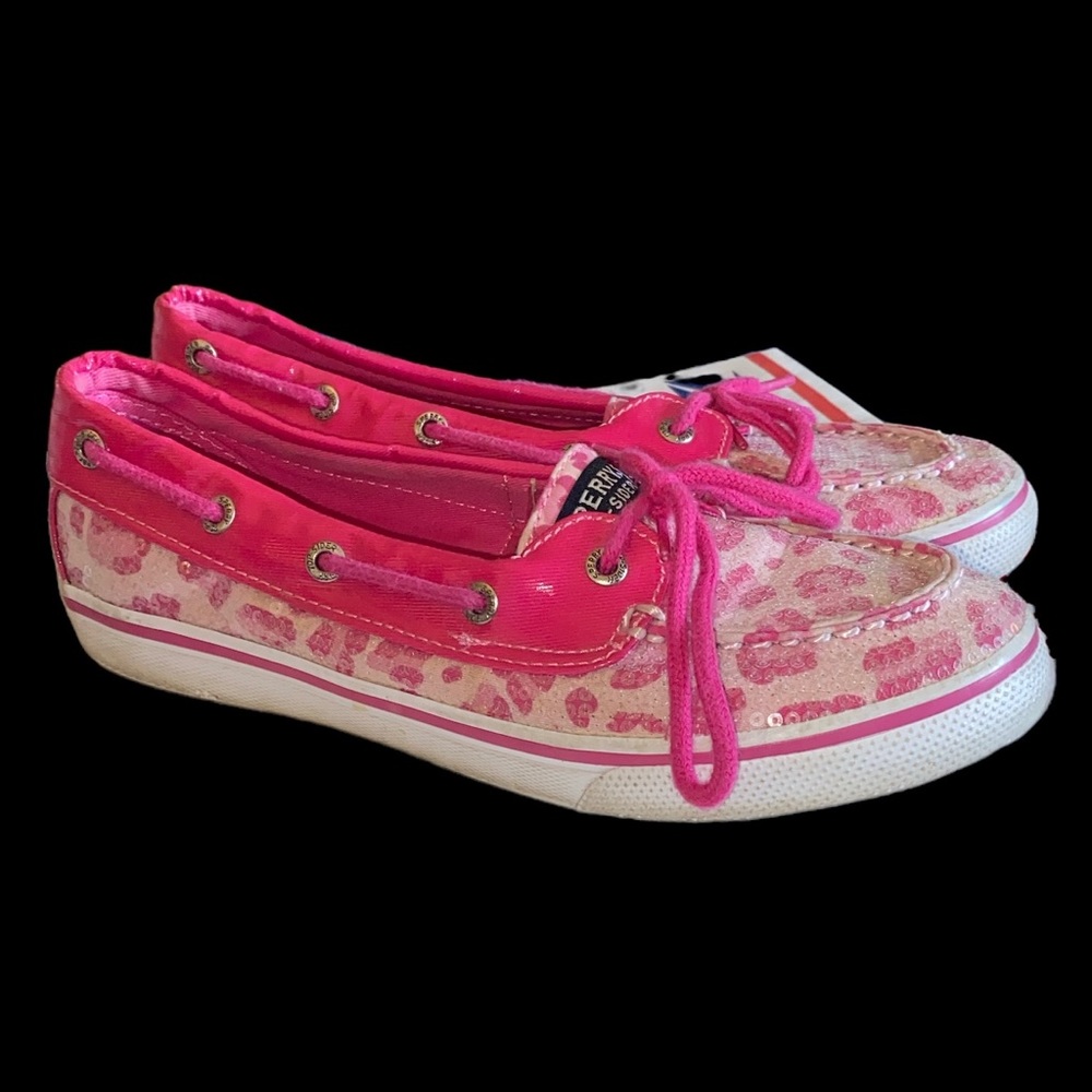 Sperry Topsiders Pink Biscayne 1 Eye Sequin/Leopard Boat Shoes Size 4 Big Kids